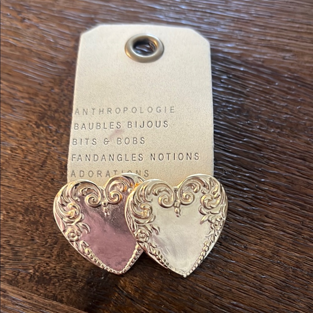 Anthropologie Gold Heart Scroll Stud Earrings